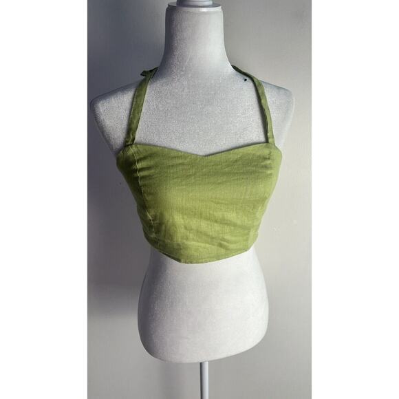 The Editors Markets Womens Linen Green Smocked Zip Halter Crop Top Sz 8 - Picture 1 of 10